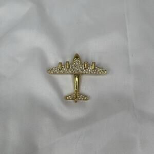 Gold Tone Airplane Brooch with Rhinestones, Playful, Unique, Glam, Chic, Vintage